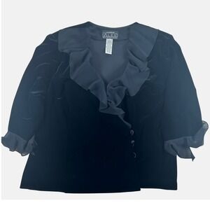 Alex Evenings Velvet Blouse Womens 2X Black Ruffle Trim V-Neck Goth VTG